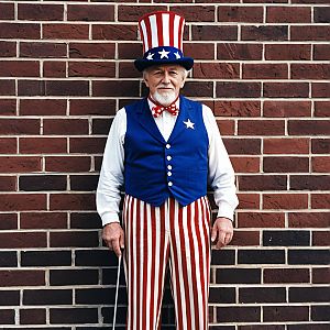 Elderly Man in Patriotic Costume Against Brick Wall