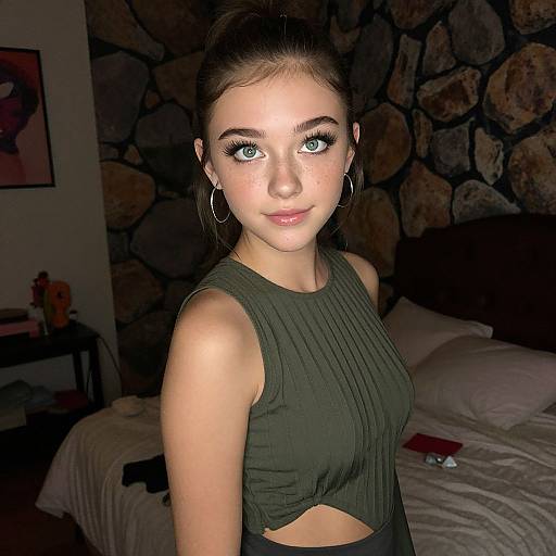 Young Woman with Green Eyes in Olive Green Top Indoors