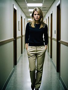 Confident Woman Walking Down Corridor in Professional Attire