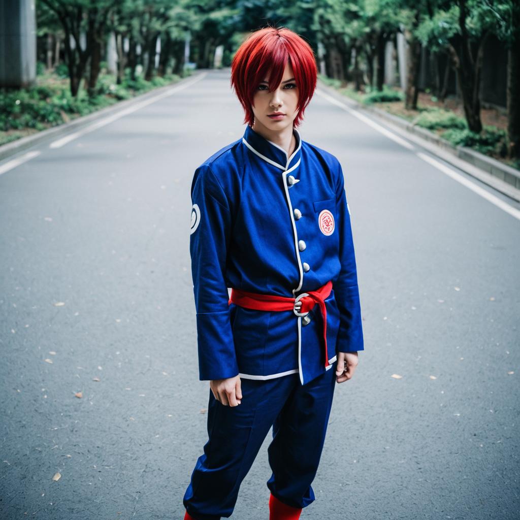 Amagi Hiiro Red-Haired Cosplayer in Blue Uniform on Empty Street