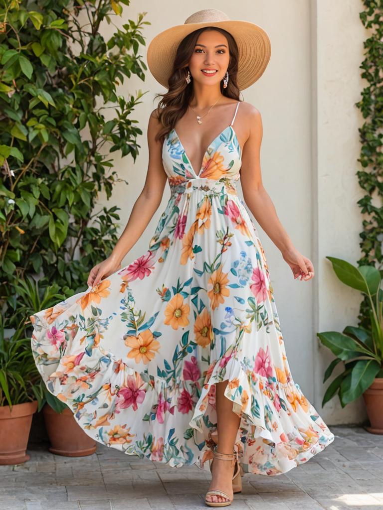 Woman in Floral Maxi Dress with Straw Hat