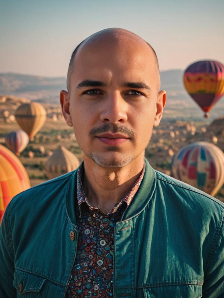 Confident Man with Colorful Hot Air Balloons