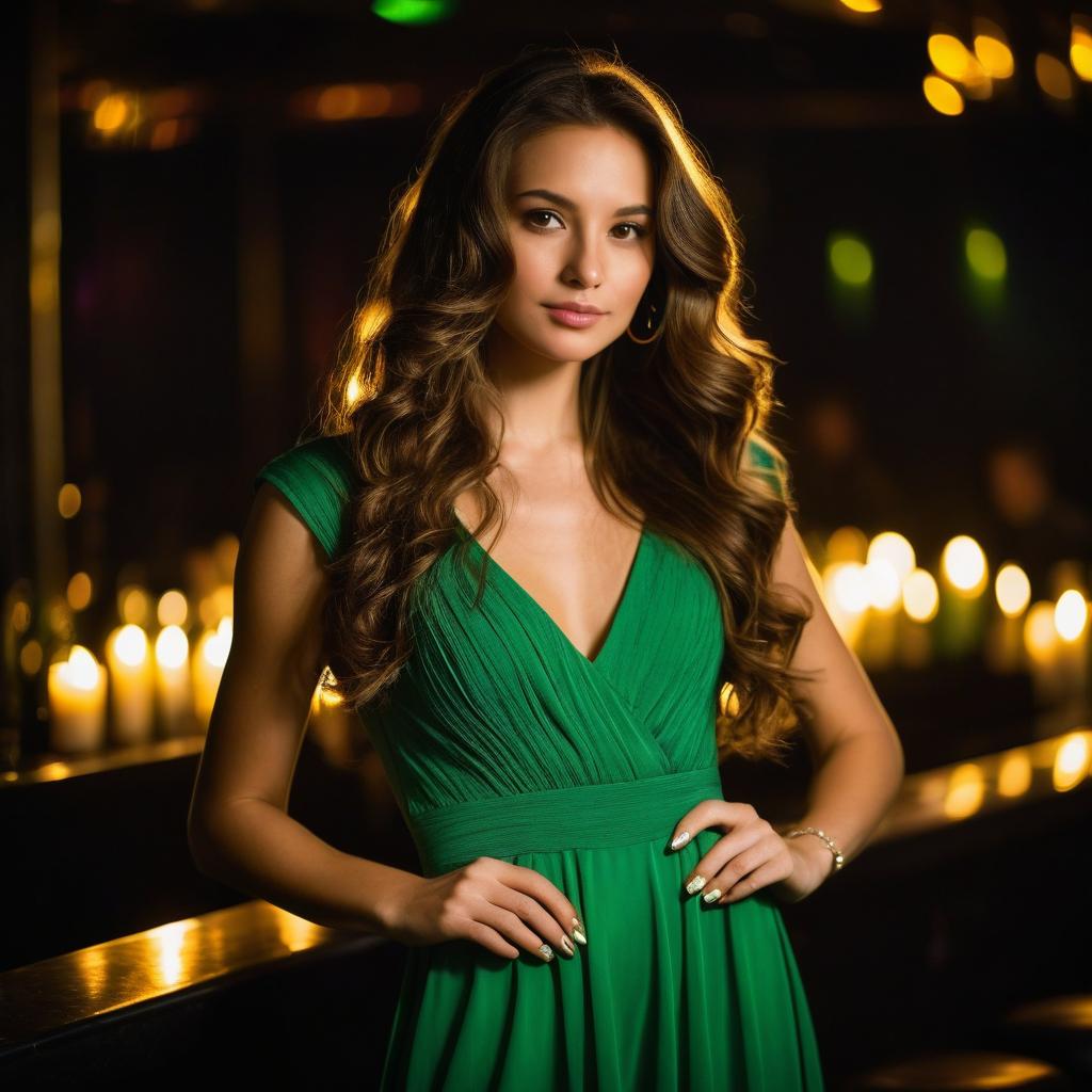 Elegant Woman in Green Dress Posed by Candlelight