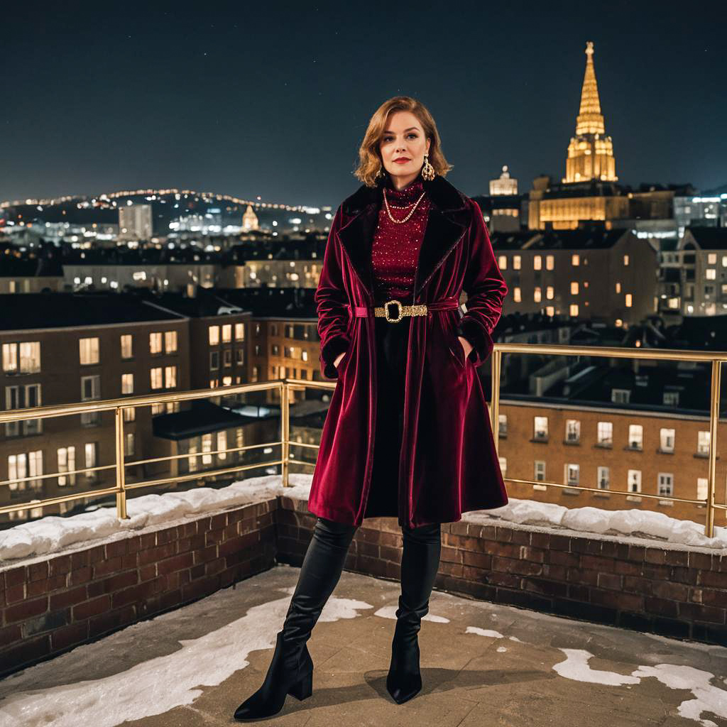 Stylish Woman in Burgundy Velvet Coat on Rooftop at Night