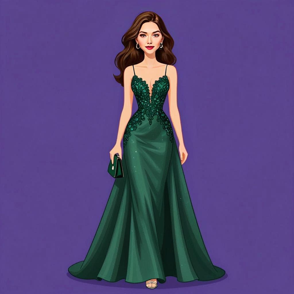 Elegant Woman in Dark Green Plunging Neckline Gown Illustration