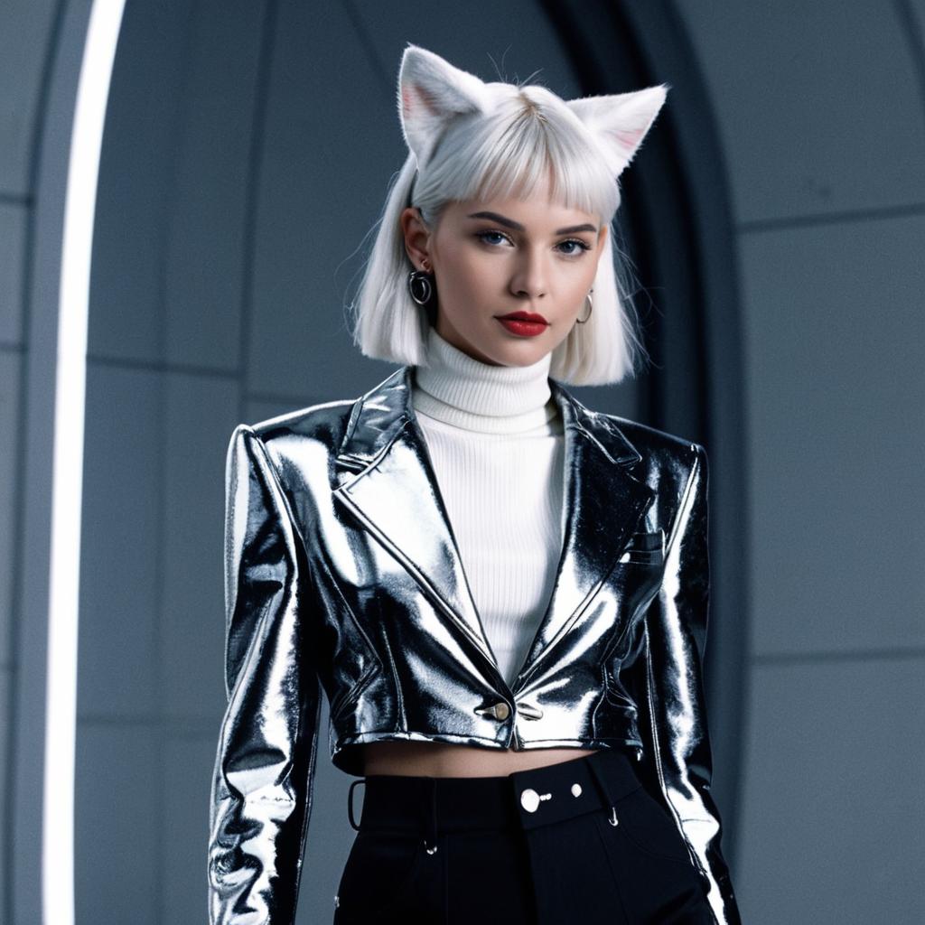Fashionable Woman in Metallic Blazer and Cat Ear Headband