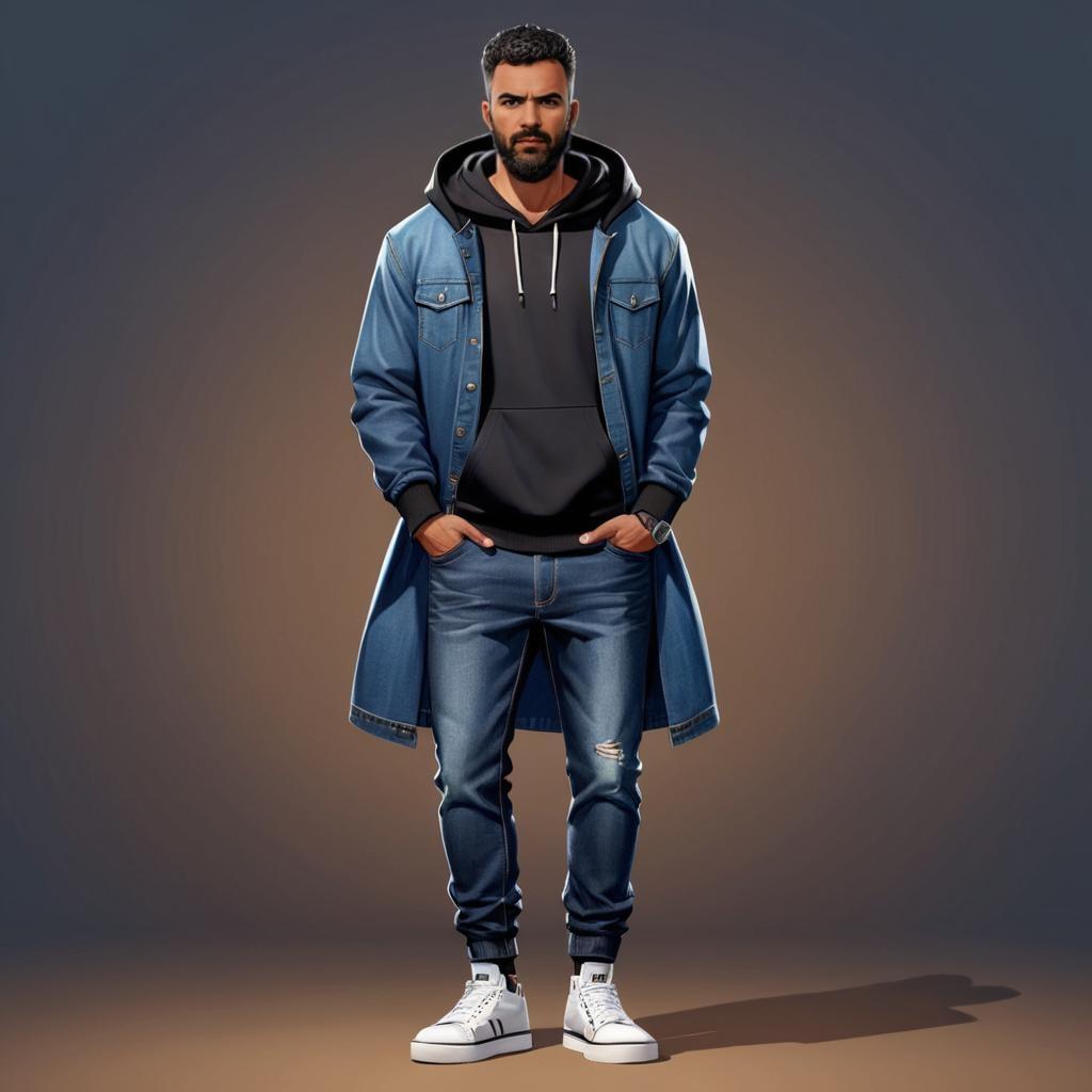 Stylish Man in Denim Jacket and Hoodie Streetwear Fashion