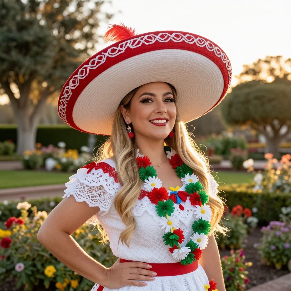 Woman in Traditional Mexican Folkloric Dress with Sombrero in Garden