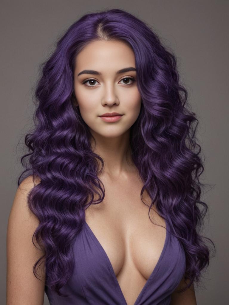 Glamorous Portrait of Woman with Purple Curly Hair