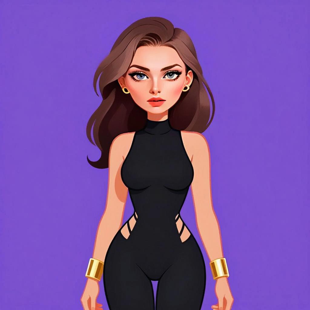 Woman with Edgy Black Sleeveless Outfit and Gold Accessories on Purple Background
