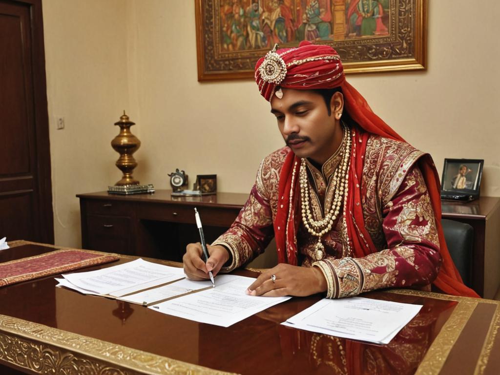 Man in Traditional Indian Attire Signing Documents