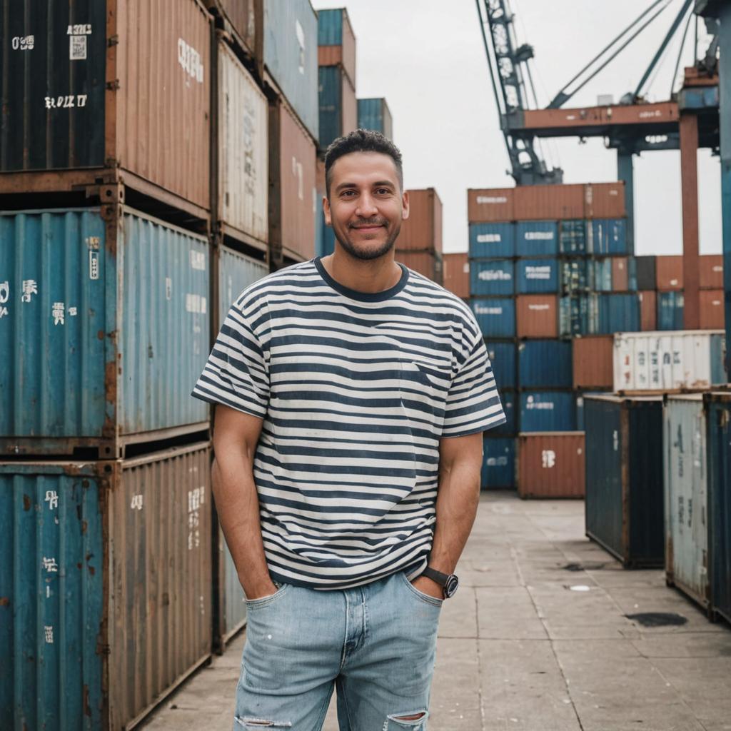 Casually Dressed Man in Front of Colorful Shipping Containers