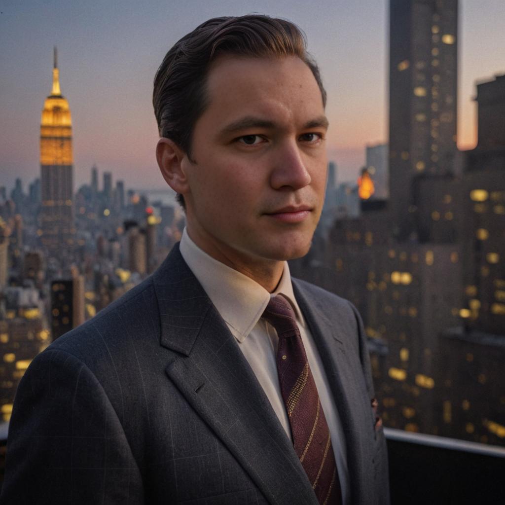 Man in Suit Poses by Artistic Empire State Building