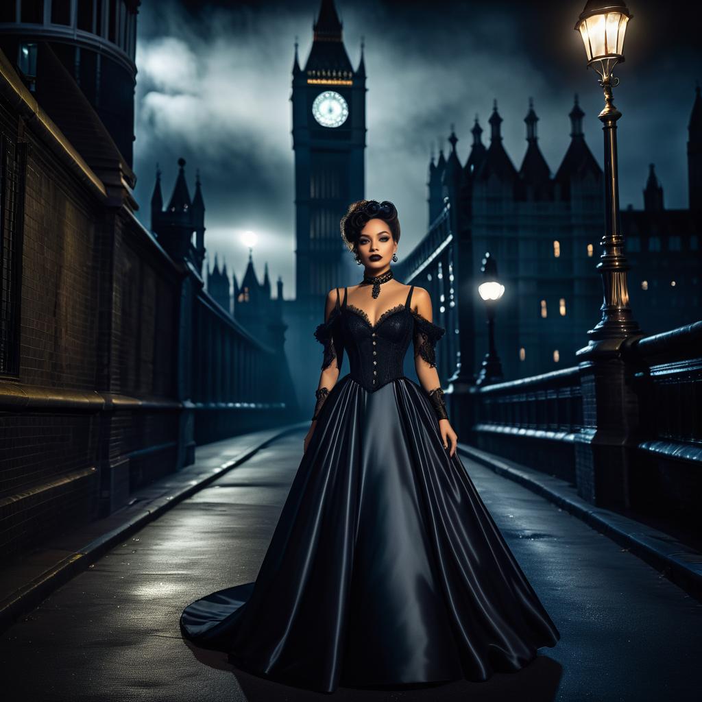 Woman in Elegant Black Gown with Big Ben