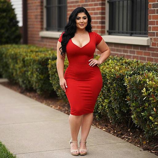 Curvy Woman Wearing Red Dress Outdoors by Brick Wall