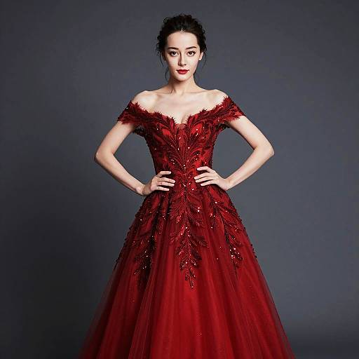 Elegant Woman in Red Off-Shoulder Embroidered Gown