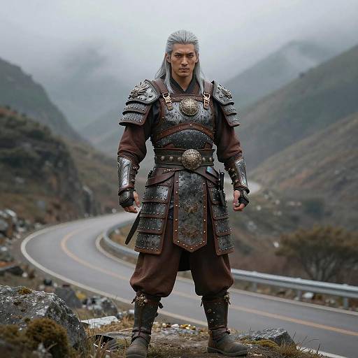 Man in Traditional Warrior Armor Standing on Mountain Road
