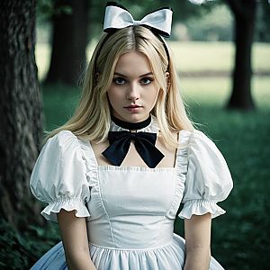 Young Woman in Vintage White Dress with Black Bow