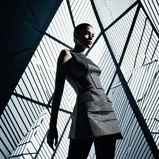 Futuristic Fashion Portrait of Woman with Geometric Architecture Background