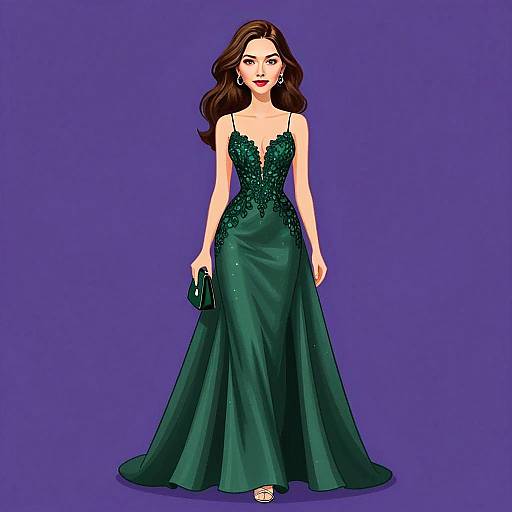 Elegant Woman in Dark Green Plunging Neckline Gown Illustration