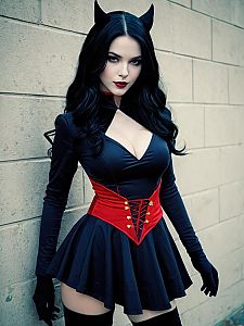Sexy Cosplay Woman as Lust Character Wearing Red Corset and Black Dress