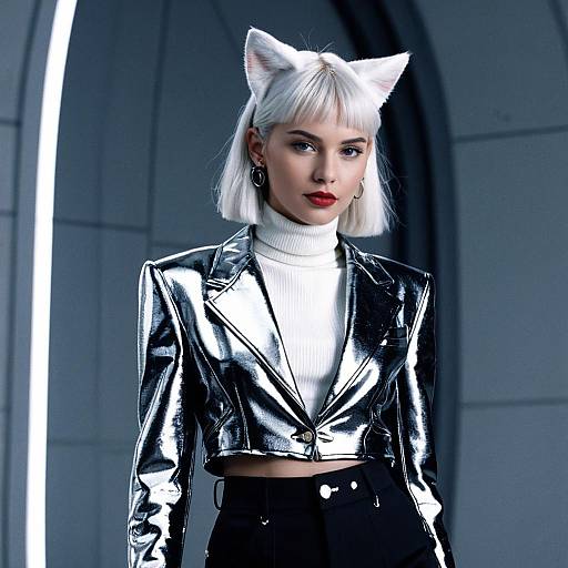 Fashionable Woman in Metallic Blazer and Cat Ear Headband