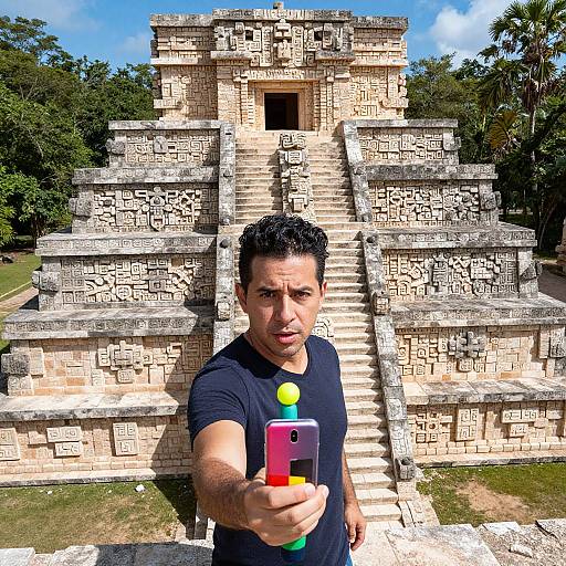 Man Taking Selfie at Ancient Pyramid Ruins with Intricate Carvings