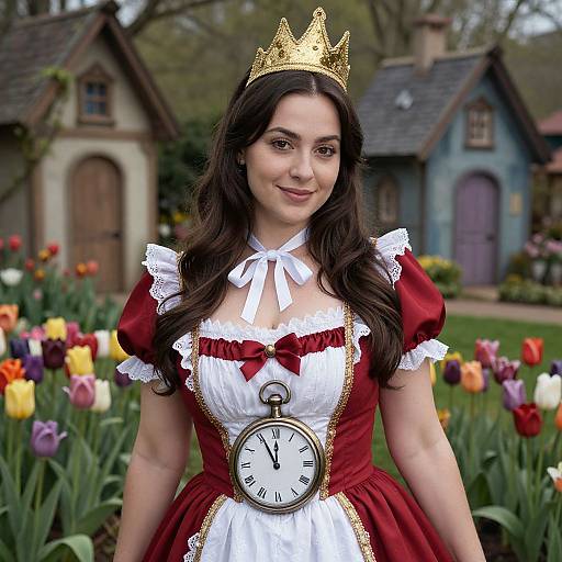 Fairy Tale Princess in Red Dress with Clock Pendant in Tulip Garden