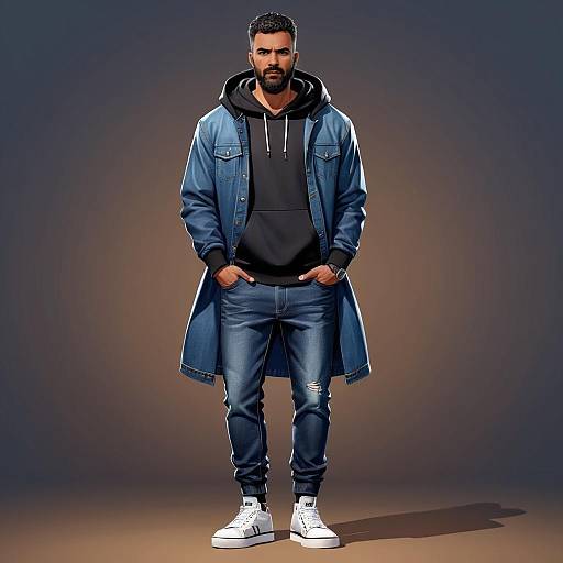 Stylish Man in Denim Jacket and Hoodie Streetwear Fashion