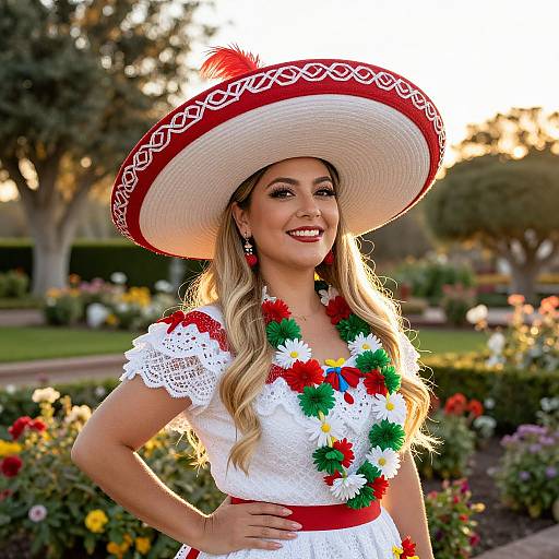 Woman in Traditional Mexican Folkloric Dress with Sombrero in Garden