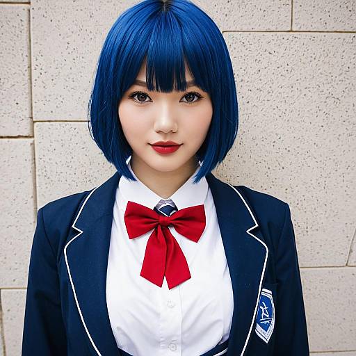 Blue-Haired Woman in Japanese School Uniform Cosplay with Red Bow Tie