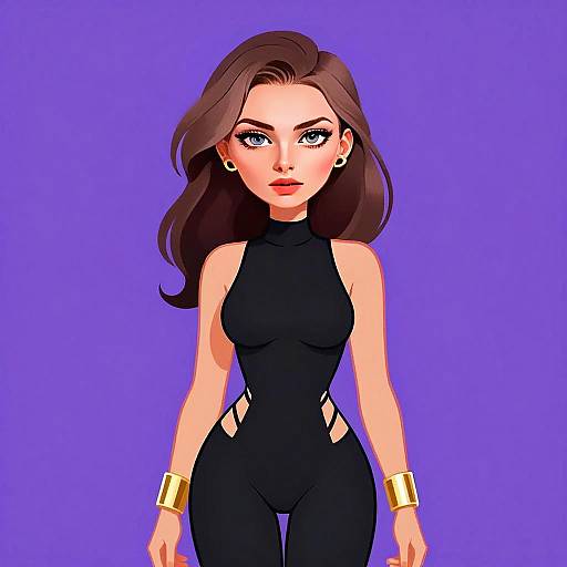 Woman with Edgy Black Sleeveless Outfit and Gold Accessories on Purple Background
