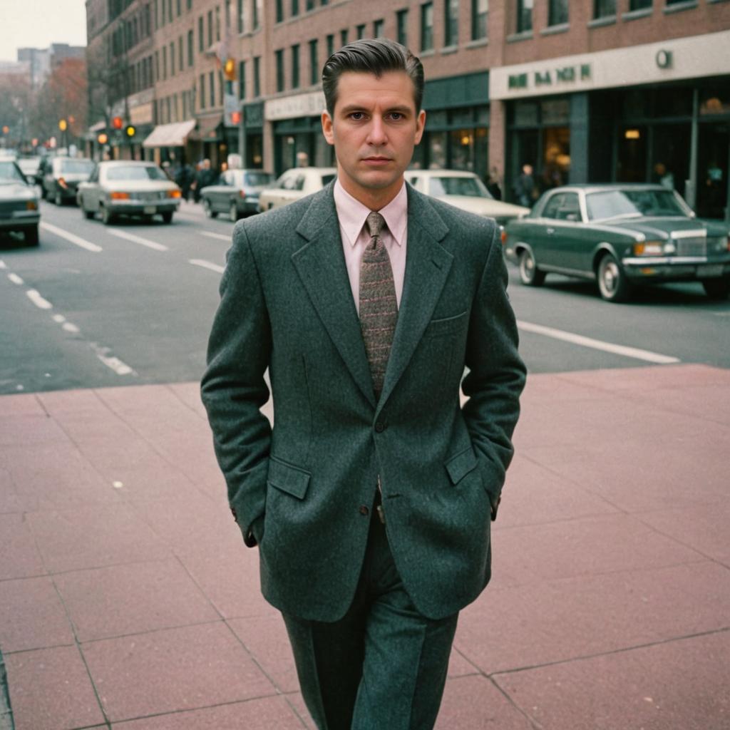 Confident man in stylish gray suit on city street