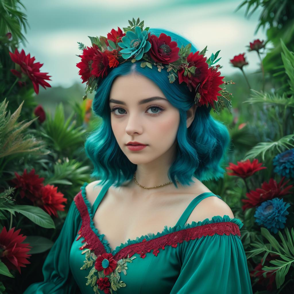 Ethereal Beauty: Young Woman with Blue Hair and Floral Crown