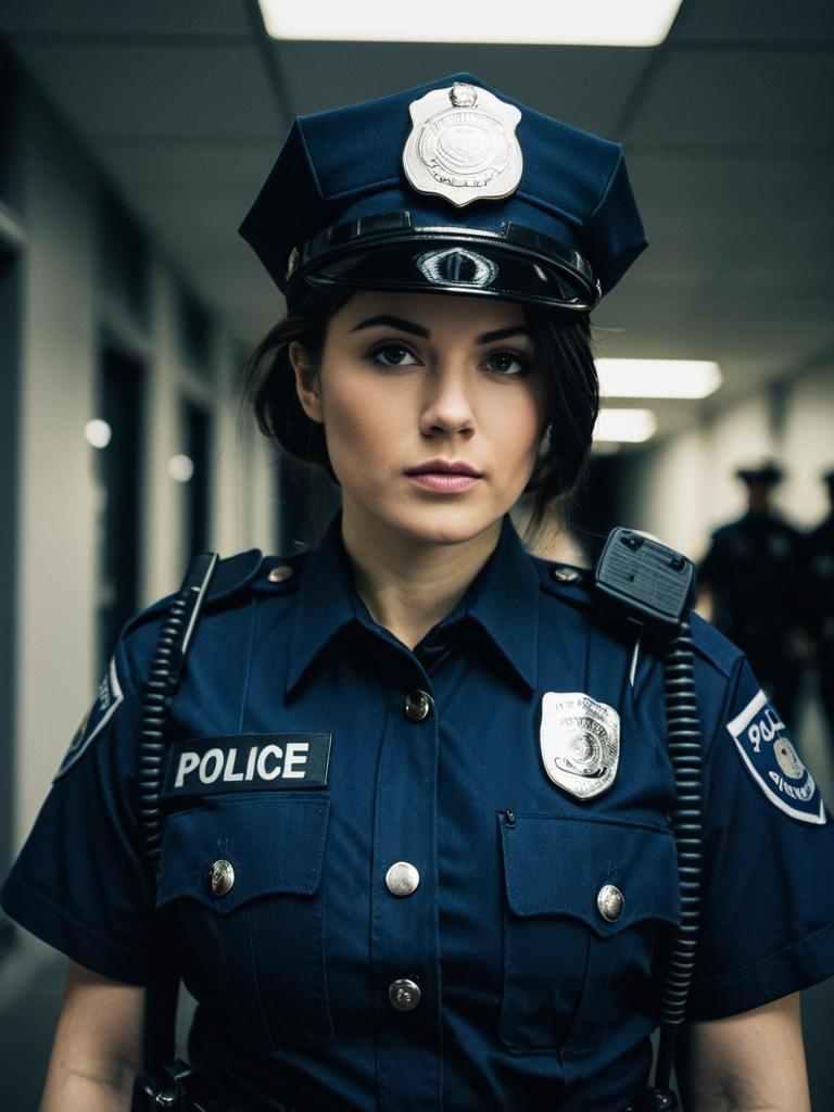 Woman in Police Costume Cinematic Realism Dramatic Editorial Cosplay