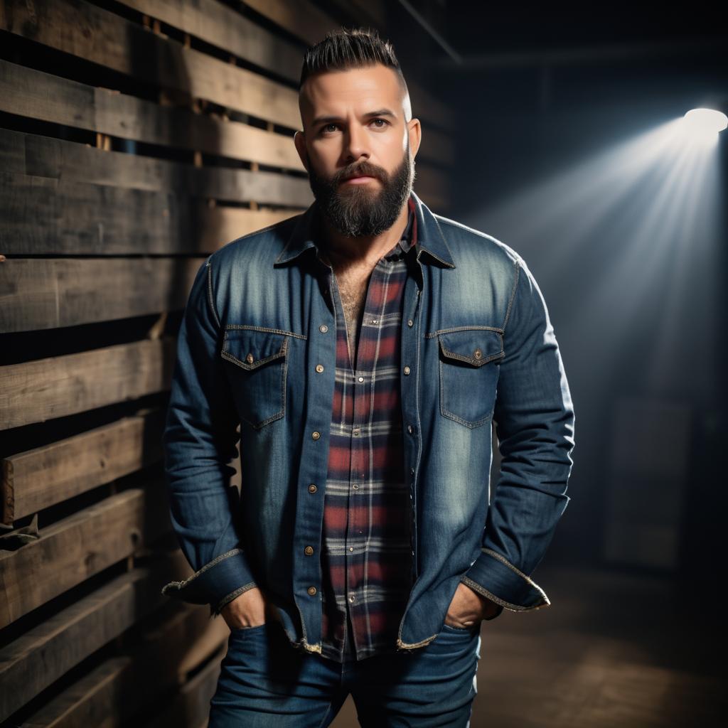 Rugged Man in Denim Jacket with Beard