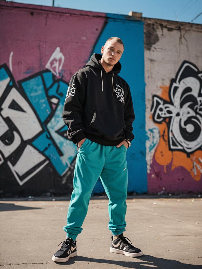 Man in hip-hop attire in front of graffiti wall