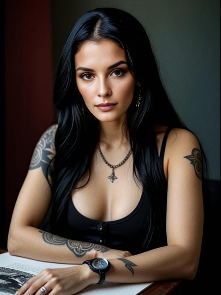 Confident Woman with Tattoos and Book