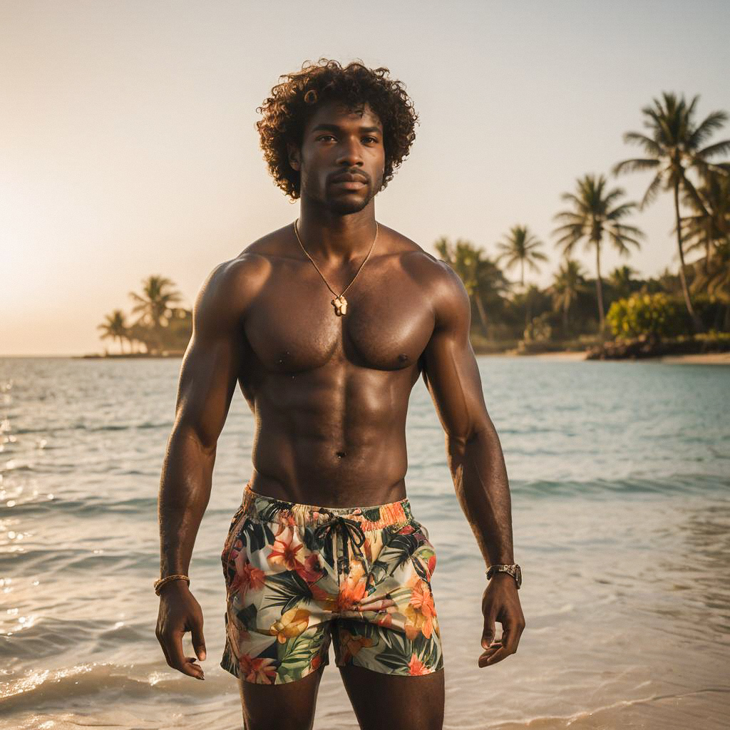 Muscular Man on Tropical Beach at Sunset