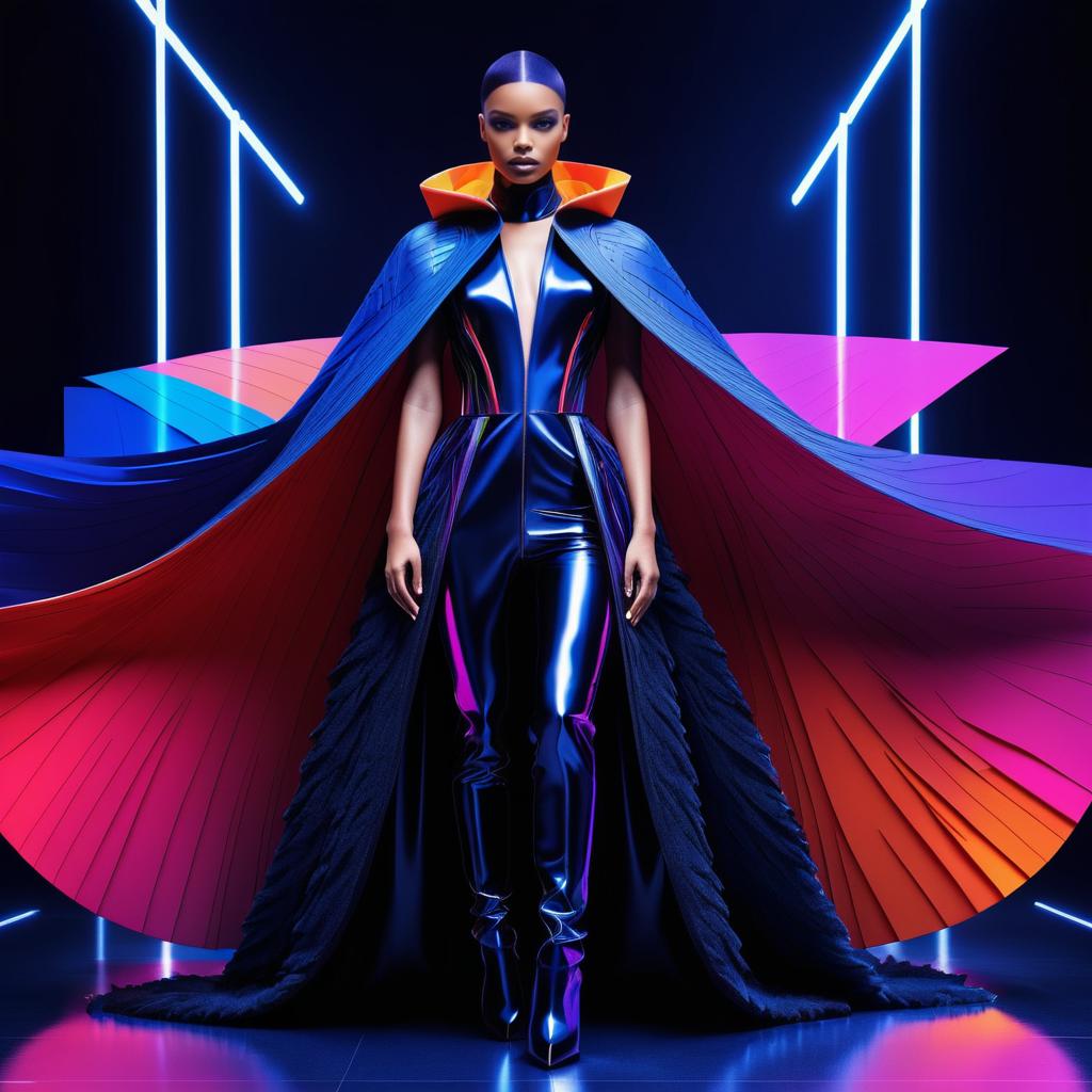 Futuristic Fashion: Woman in Glossy Cape and Bodysuit