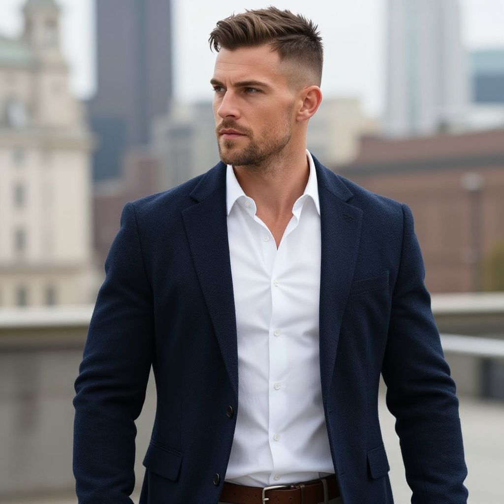 Stylish Young Man in Navy Blazer and White Shirt in Urban Setting