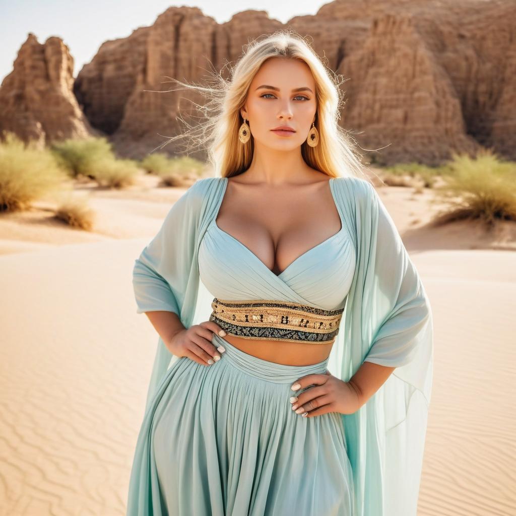 Confident Woman in Elegant Blue Outfit in Desert Landscape