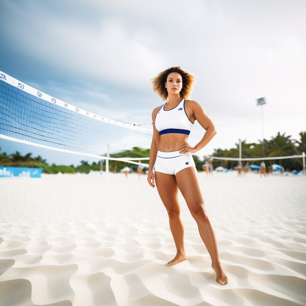 Confident Woman on Beach Volleyball Court