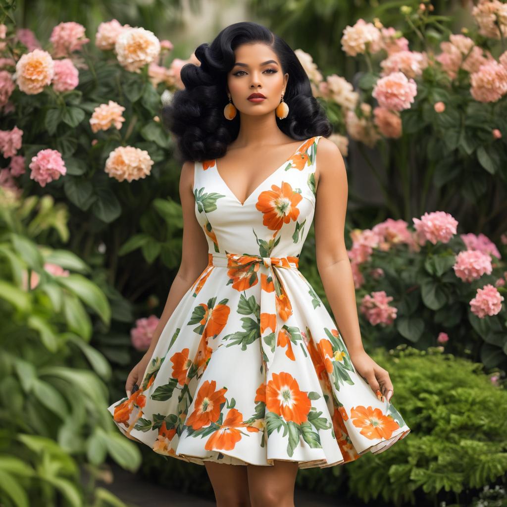 Elegant Woman in Floral Dress in Lush Garden