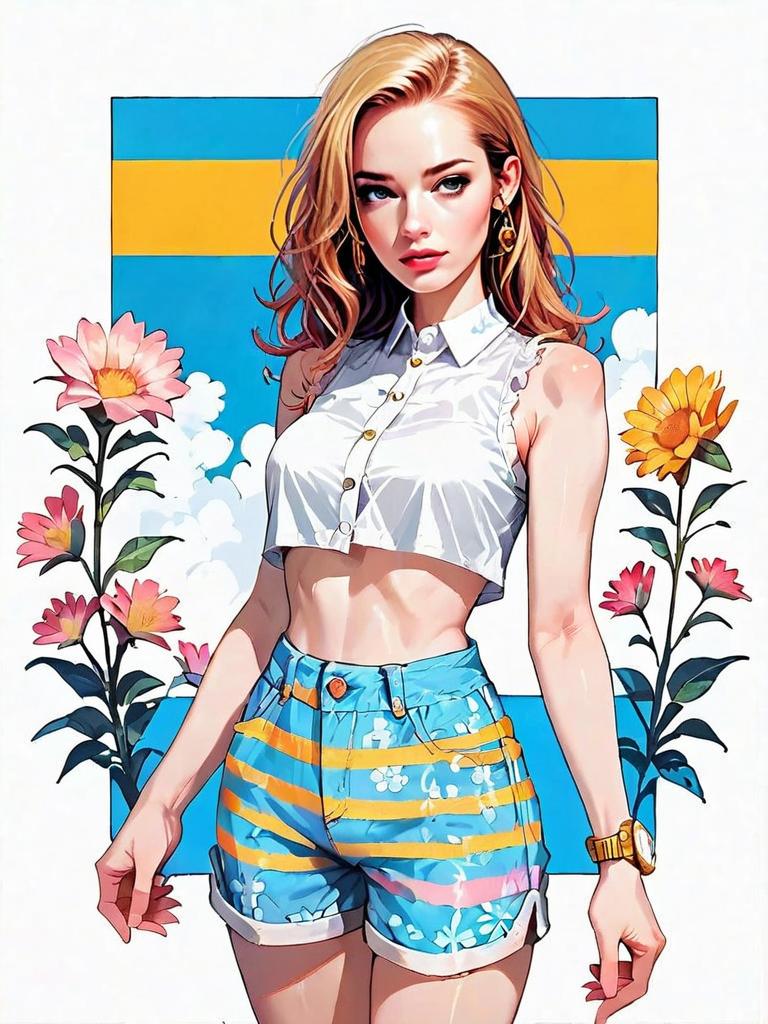 Realistic Comic Style Young Woman in Casual Summer Outfit with Flowers