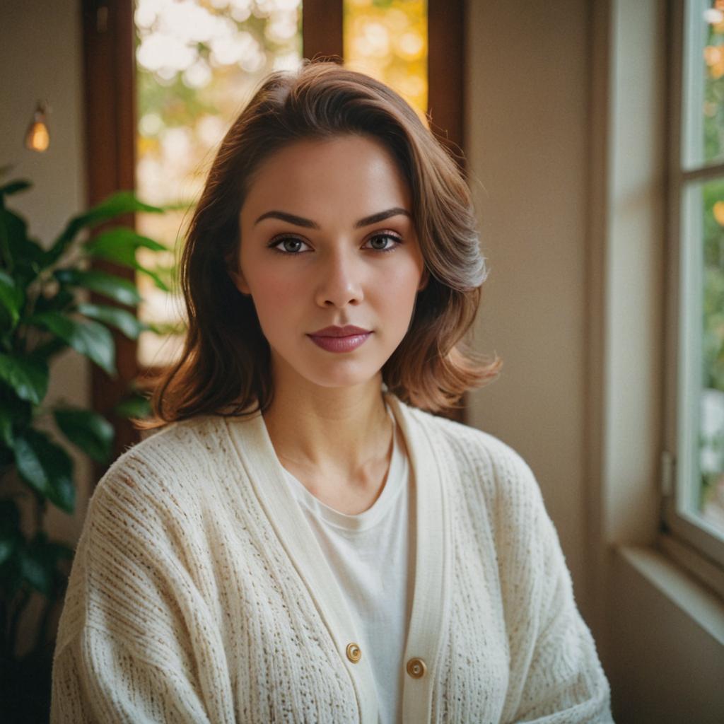 Serene Woman in Cozy White Cardigan by Window