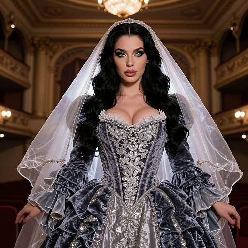 Elegant Victorian Style Woman in Embroidered Velvet Gown with Veil