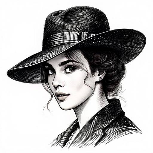 Black and White Pencil Sketch of Woman in Wide-Brimmed Hat
