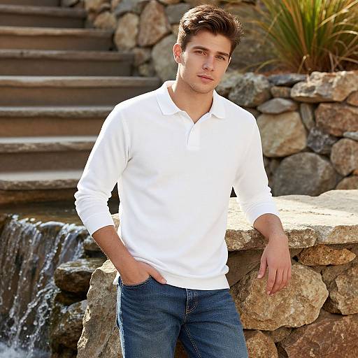 Young Man in White Polo Shirt by Stone Waterfall Outdoors