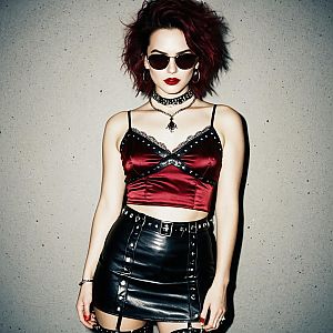 Punk Rock Woman in Burgundy Satin Crop Top and Black Leather Mini Skirt
